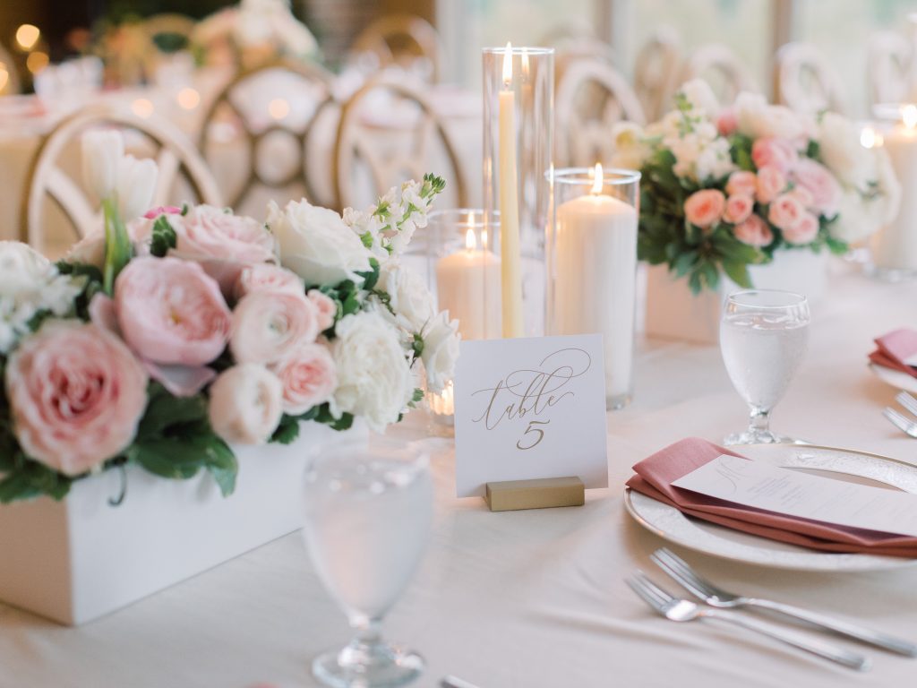 gold and pink table setup for wedding at Bretton woods