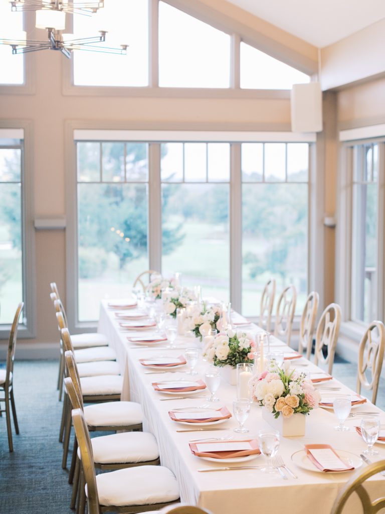 pink and gold table set up wedding at Bretton woods styled by Claire Duran
