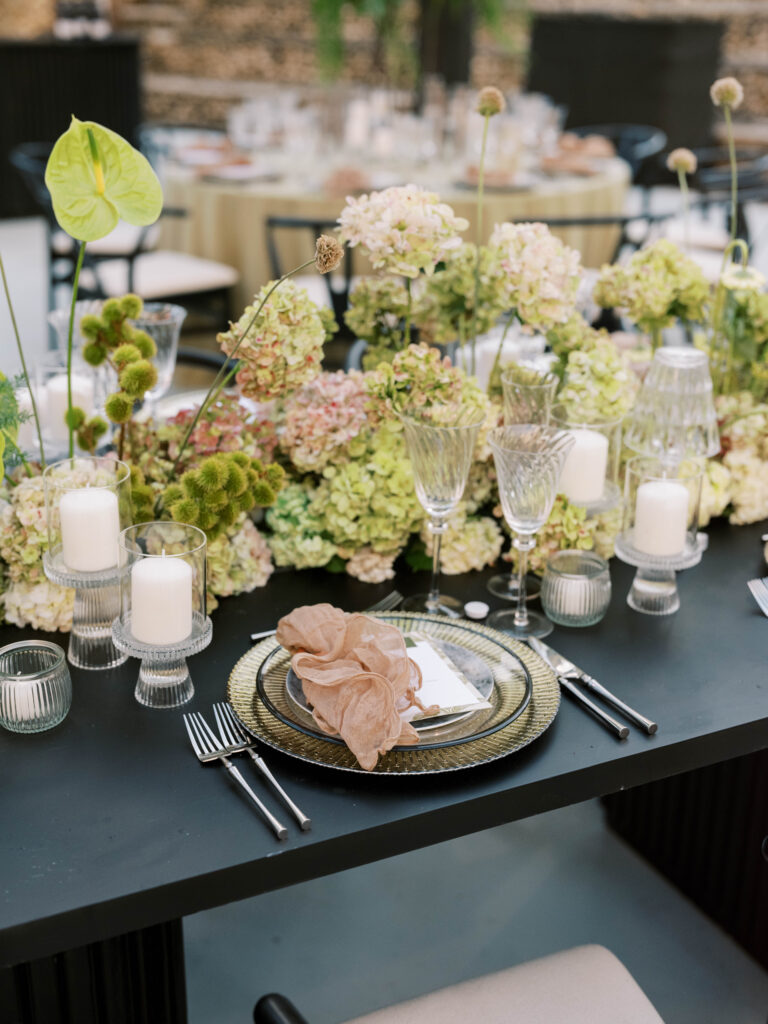 rose and green wedding floral arrangement