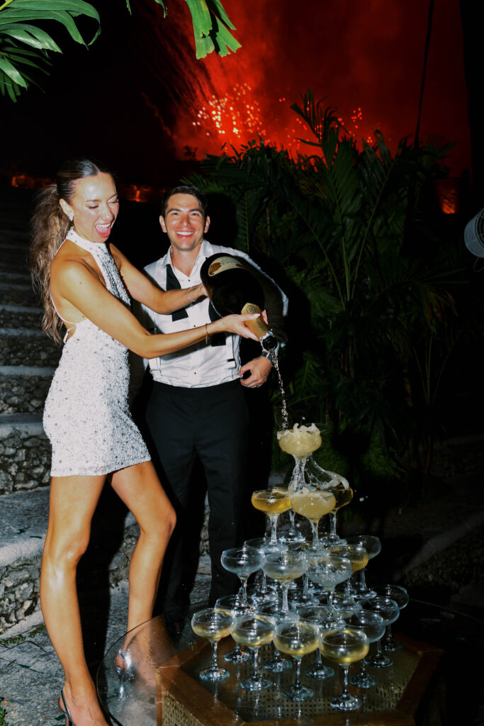 champagne tower in destination wedding