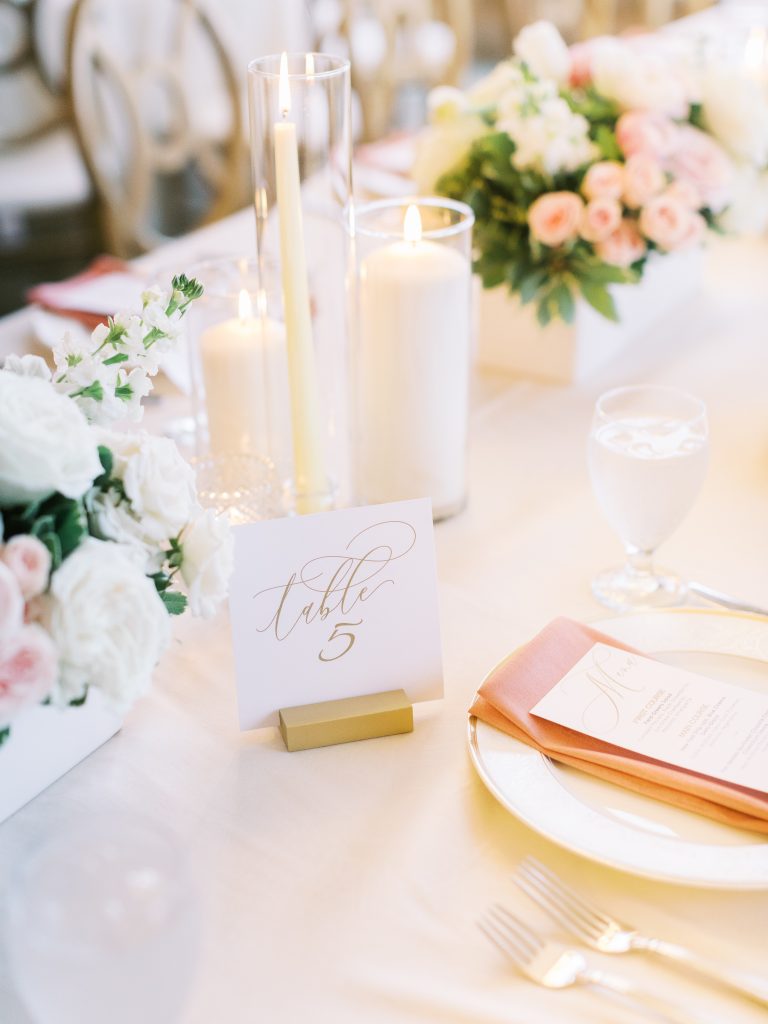 gold and pink table setup for wedding at Bretton woods by Claire duran