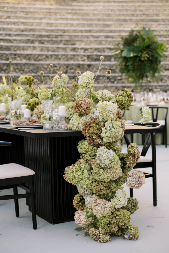 cascading floral table installation